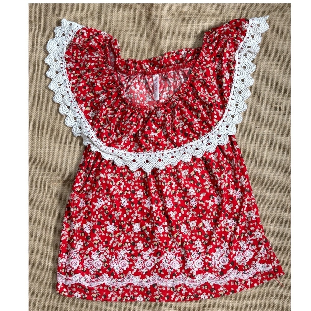 Red Floral Shirt Small Medium Lace Ruffle Tier Trim Folk Peasant Cottage Core